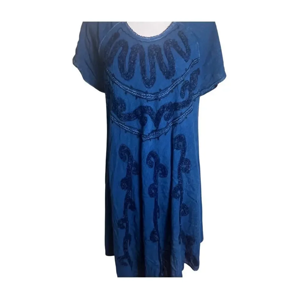 Boho Indie Blue Embroidered Swing Dress Free Size Festival India beach swim
